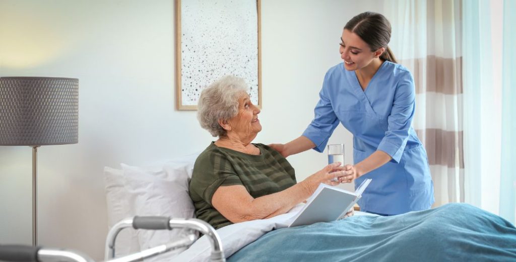 elderly woman in nursing home bed